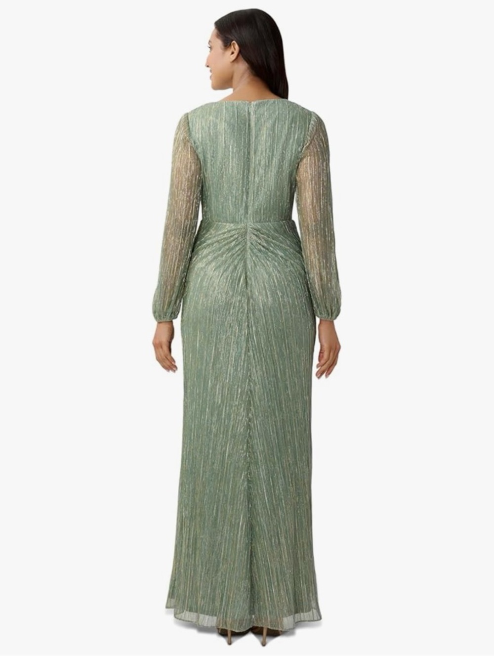 Adrianna Papell Metallic Sage Green Long-Sleeve Knot Front Gown - Picture 2 of 3